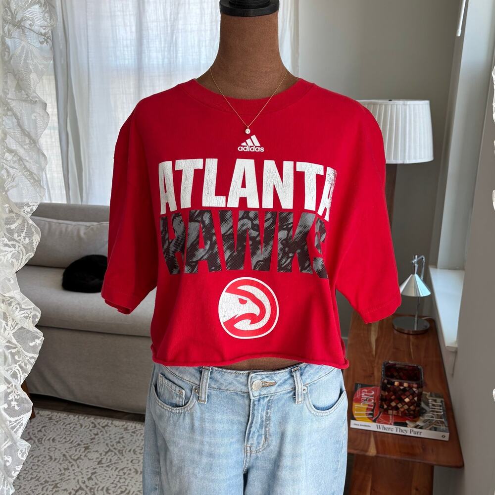 Adidas Atlanta Hawks Red Cropped Short Sleeve T-Shirt Raw Hem 100% Cotton Large